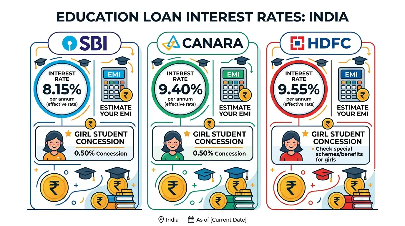 Education loan interest rate comparison SBI vs Canara vs HDFC 2026